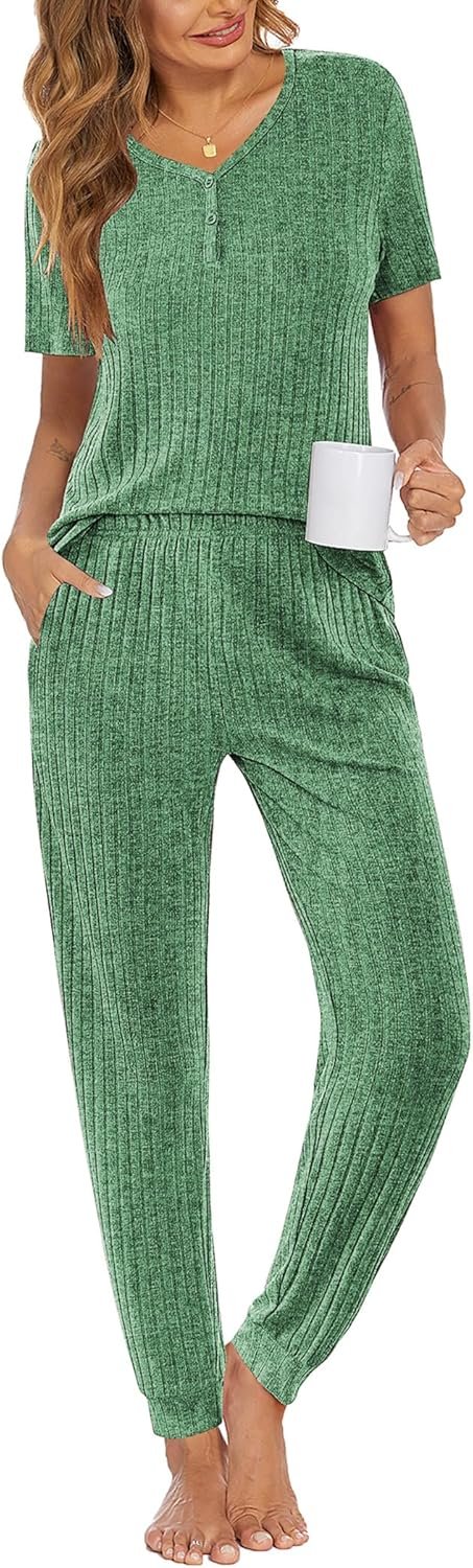 Ekouaer Pajamas for Women Set 2 Piece Rib Knit Lounge Set Joggers Loungewear Short Sleeve Pjs with Pockets