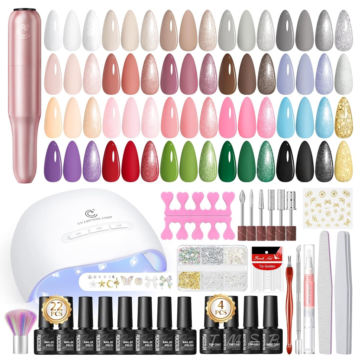 PEACECOLOR Gel Nail Polish Kit with U V light and Drill – 39Pcs Gel Nail Kit 22 Colors All Season Gel Polish Set with Base Matte Glossy Glitter Top Coat Soak Off Manicure Set Women Teens Girl Gifts