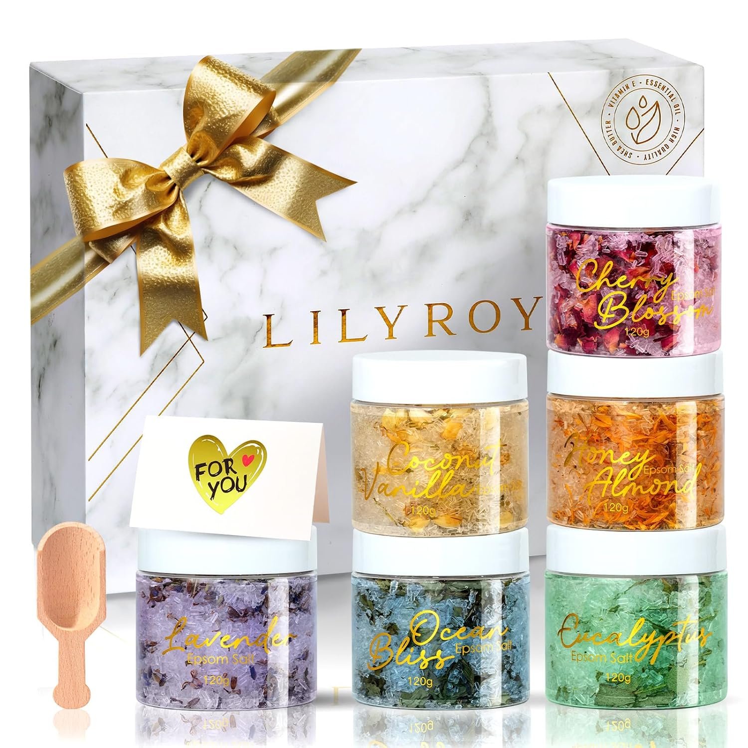 Gifts for Women & Men – 9-Piece Floral Epsom Salt Gift Set for Women with 6 x 120g Epsom Salt, Bath and Body Gift Set in Elegant Box | Christmas, Mothers Day, Valentines Day, Birthday Gifts