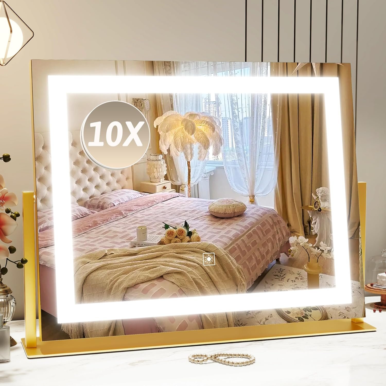 ROLOVE Vanity Mirror with Lights 22″x18″, Lighted Makeup Mirror with 10X Magnification, Smart Touch 3 Colors Dimmable, 360° Rotation, Women Gift, Dresser Mount, Bathroom (Gold)