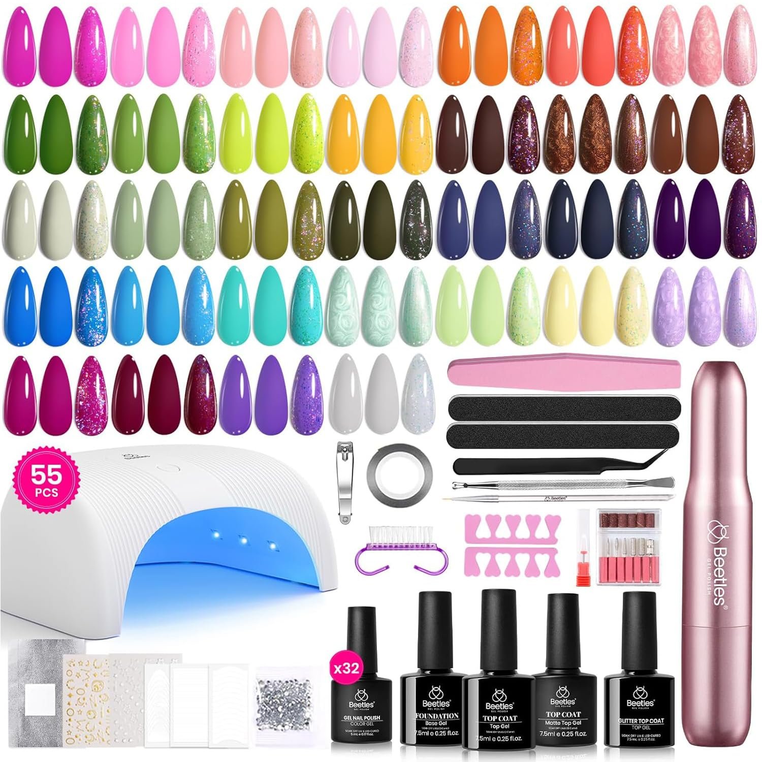 Beetles 55Pcs Gel Nail Polish Kit with U V Light and Nail Drill – 32 Color Gel Nails Kit Fun Camp Professional Manicure Set with Everything and Base Top Coat Home Salon Gifts for Women