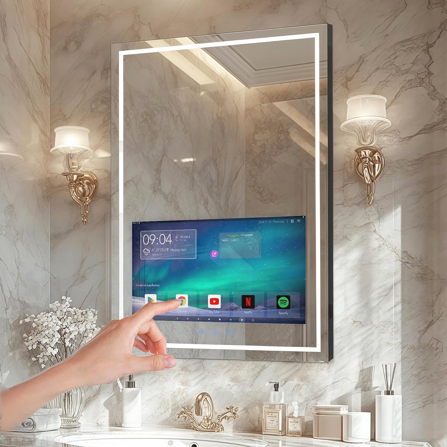 Haocrown 24×32 Inch Smart Bathroom Mirror with 21.5″ Hidden Touchscreen, Android System, Built-in Speakers, Clock & Weather, 3 Color Dimmable LED, Anti-Fog, WiFi Bluetooth HDMI, Wall Mounted