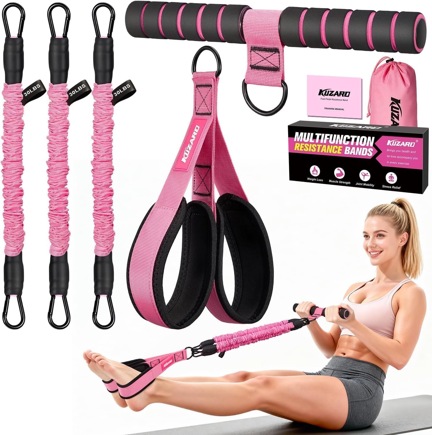 KUZARO Upgraded Multifunction Pedal Resistance Band with Handle, 3 Tube Adjustable Resistance Bands for Abdomen, Waist, Arm, Core/ABS, Leg Workout – Sit Up Exercise Equipment for Women