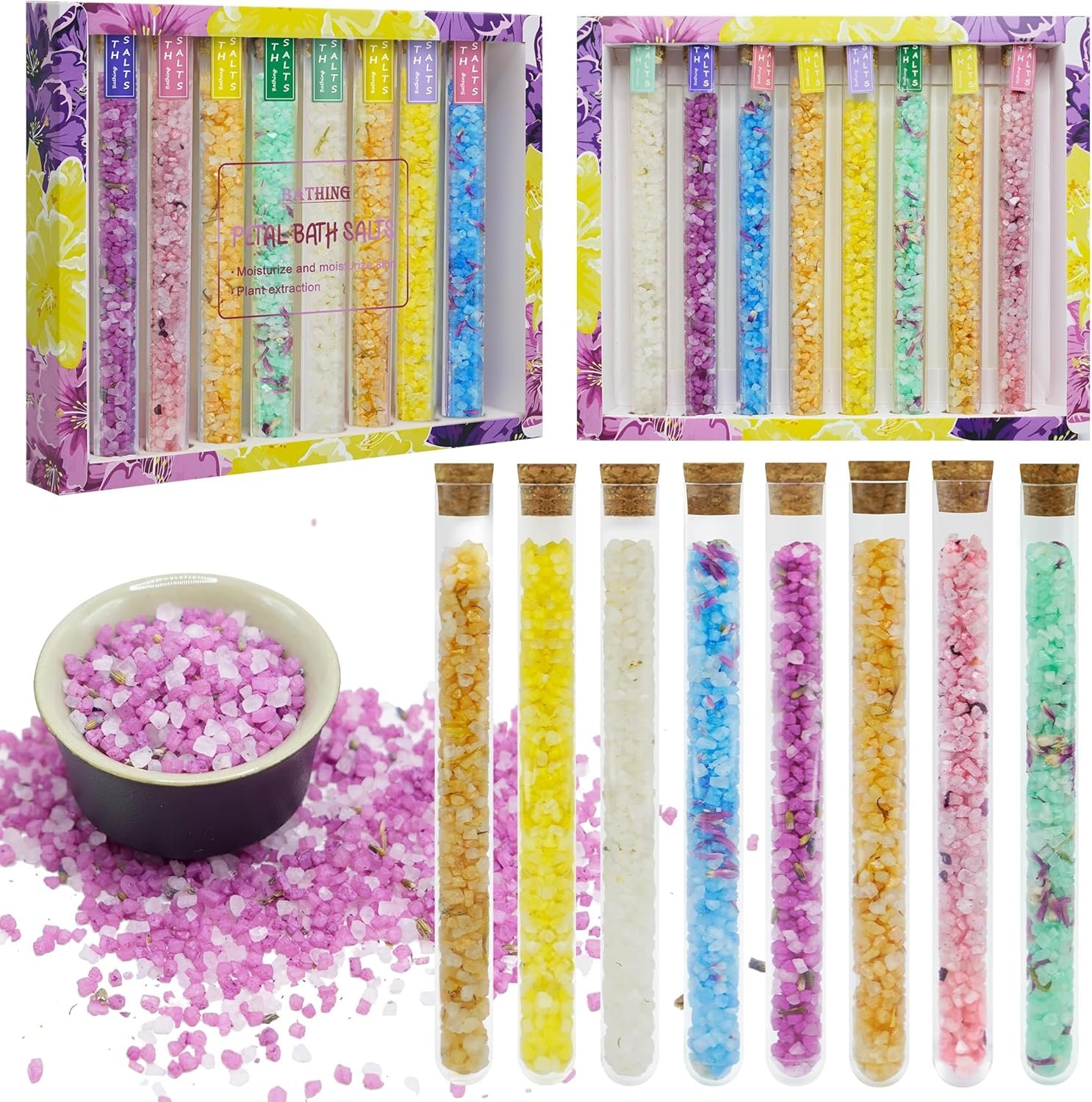 Bath Salts, Bath Salts for Women Relaxing, Mothers Day Birthday Gift, with Dead Sea Salt, Essential Oils, Minerals and Dried Flower, Spa Bath & Foot Soak, Individual Tubes, Travel Size, 8 Scents, 8 oz