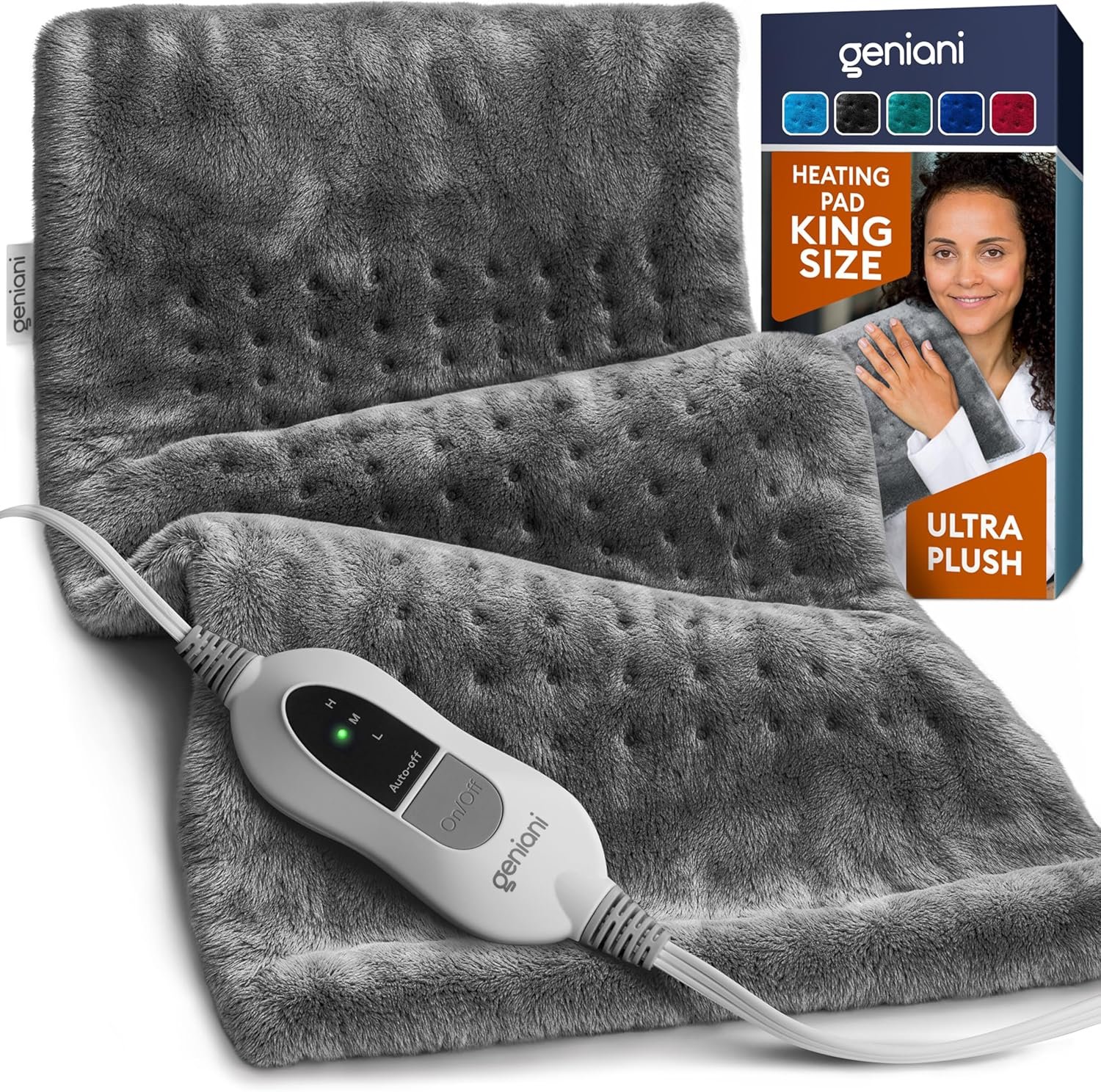 GENIANI Electric Heating Pad for Back Pain & Cramps Relief, Electric Throw, Self Care Gifts for Women, Heating Pad for Neck & Shoulder, Machine Washable Microplush, Auto Shut Off (12×24″, Tabby Gray)