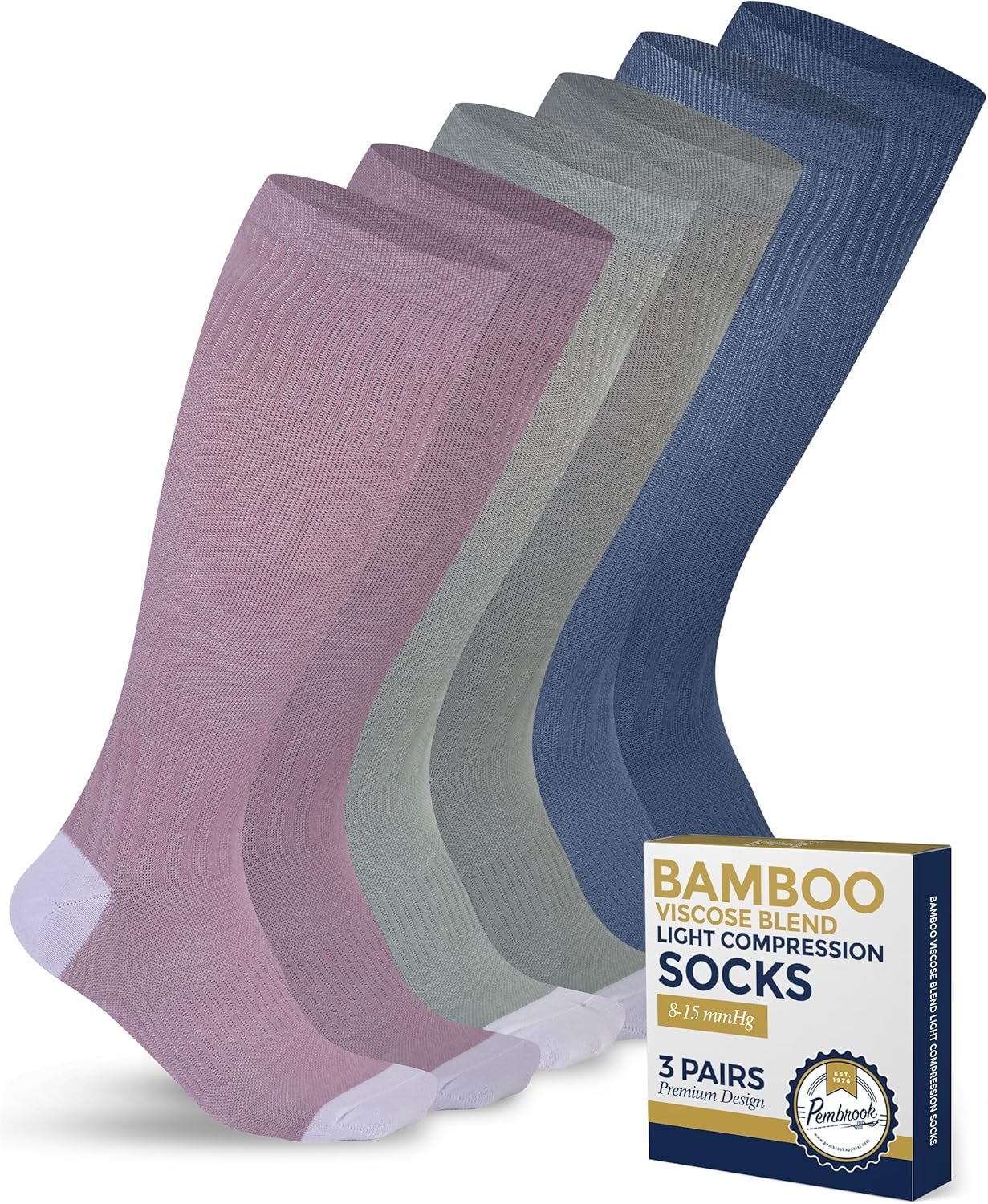 Pembrook Bamboo Viscose Light Compression Socks – 3 Pairs | 8-15 mmhg Compression Socks | Knee High Comfort Support Socks