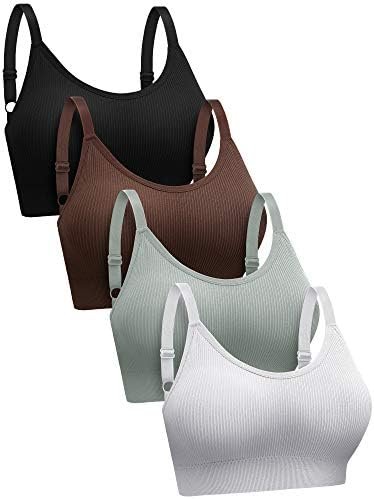 SATINIOR 4 Pack Women’s Sports Bra, Padded Ribbed Cami Bra Seamless Bralette Wireless No Underwire Workout Tank Top