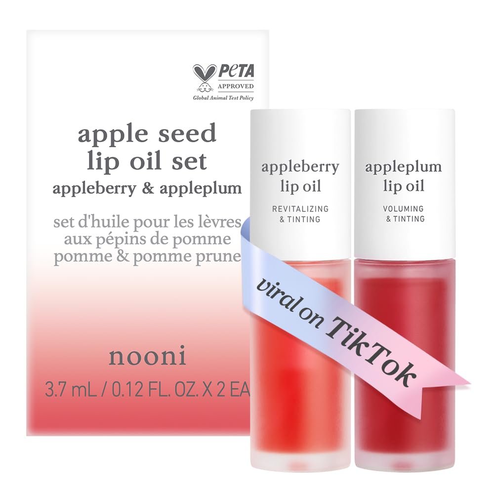 NOONI Vegan Appleseed Lip Oil Set – Appleberry & Appleplum | Long-Lasting, Moisturizing, Plumping, Revitalizing for Dry Lips, Waterproof, No Peel Off, Korean Tint, 0.12 FL Oz x 2ea