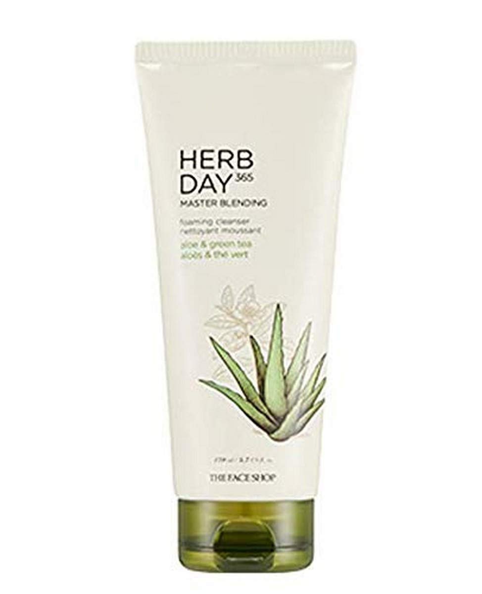 The Face Shop Herb Day 365 Master Blending Cleansing Foam Aloe & Green Tea Face Cleanser – Moisturizing, Hydrating, Soothing Face Wash – Korean Skin Care Facial Cleanser – Suitable for All Skin Types
