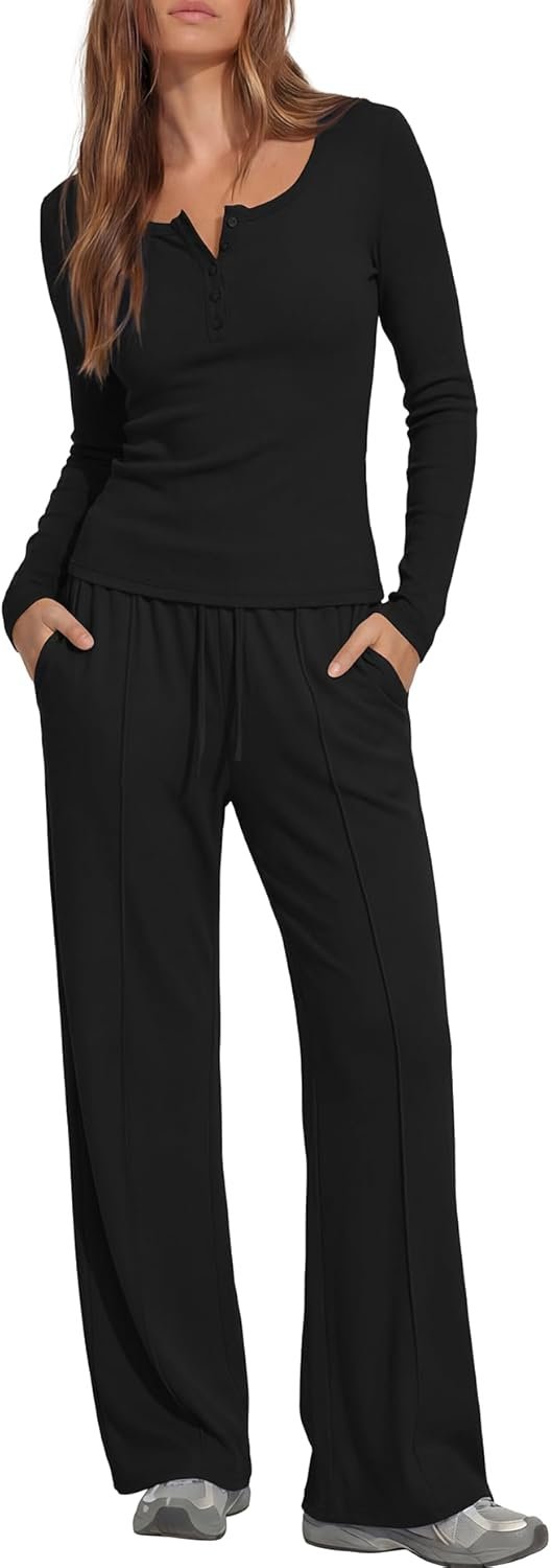 Darong Womens 2 Piece Matching Lounge Sets 2026 Long Sleeve Henley Shirts Wide Leg Pants Airport Travel Outfits