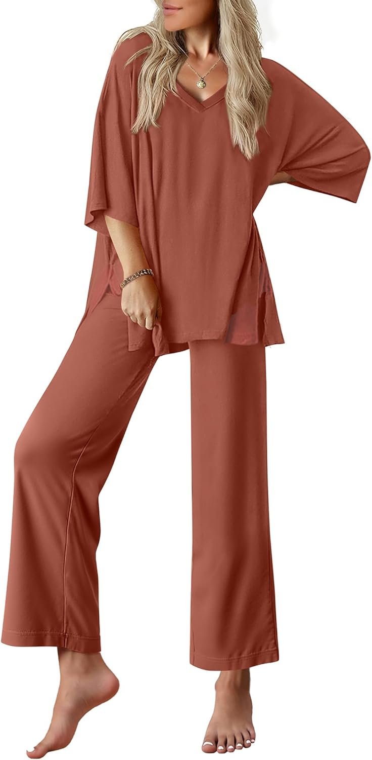 Ekouaer Lounge Sets for Women Pajamas Set Short Sleeve Tops and Long Pants Soft 2 Piece Outfits with Pockets S-XXL