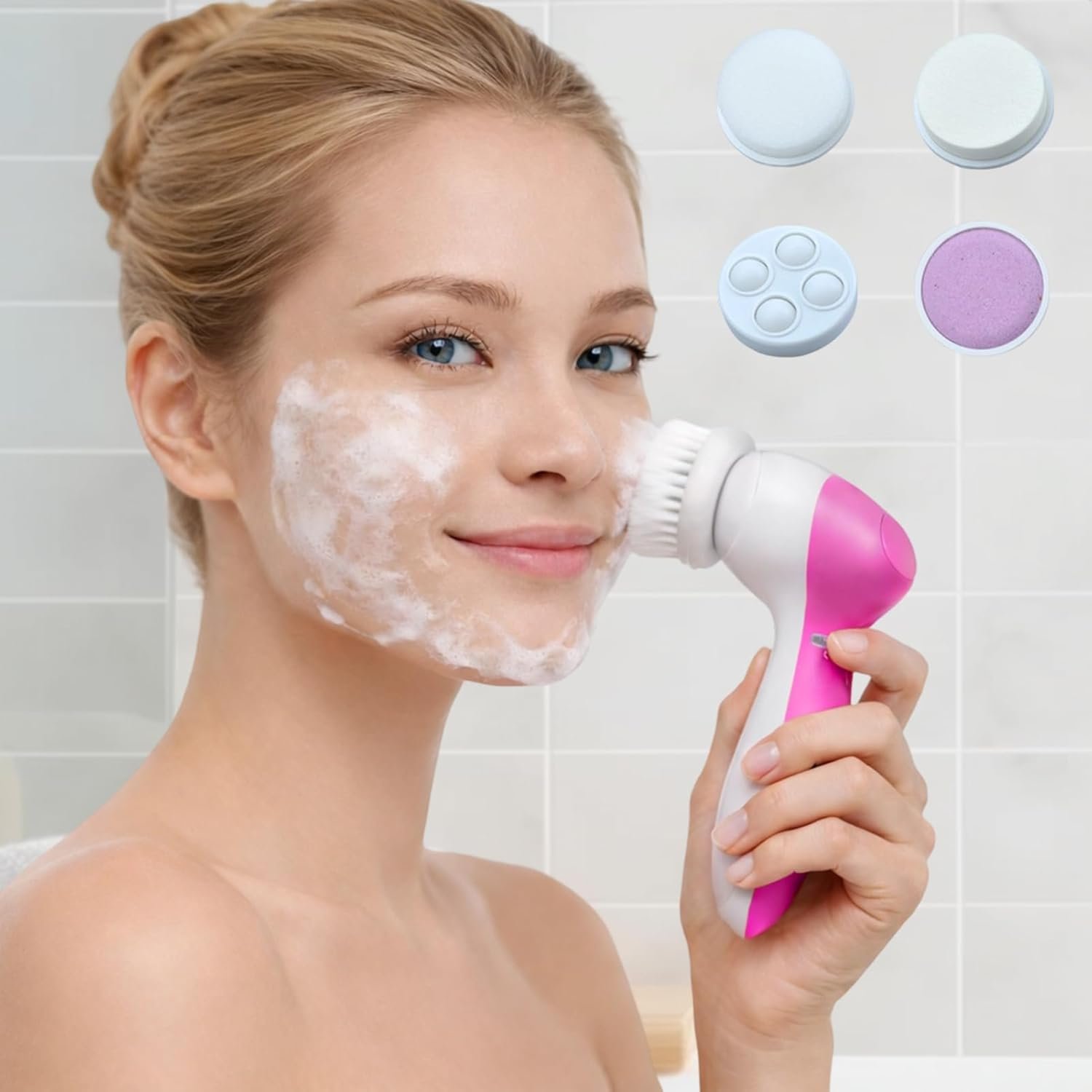 5 in 1 Facial Cleansing Brush Set – 5 Nylon Brush Heads Multi-Functional Gentle Face Massager Cleanser Tool for Skincare Pink
