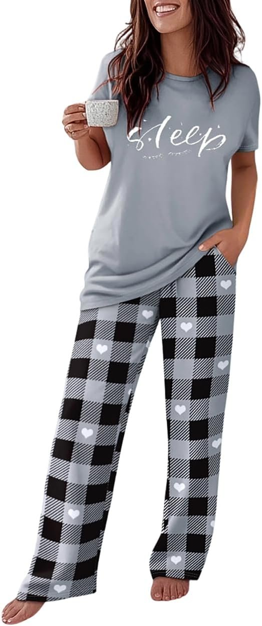 CHICME Womens Pajamas Sets 2 Piece Short Sleeve Lounge Set Printed Loose Pants Pj Sets Loungewear Set