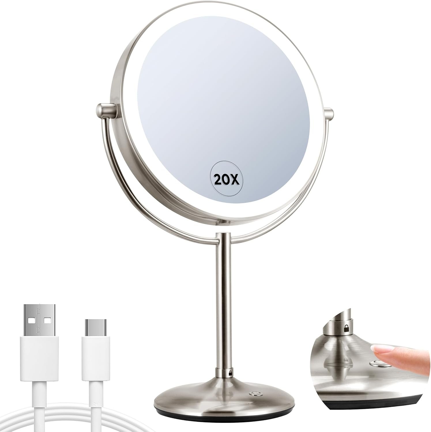 9″ Lighted Makeup Mirror, 1X/20X Rechargeable Magnifying Mirror with 3 Color Dimmable Lights for Bedroom Tabletop, Base Charging and Switch, Women Gift
