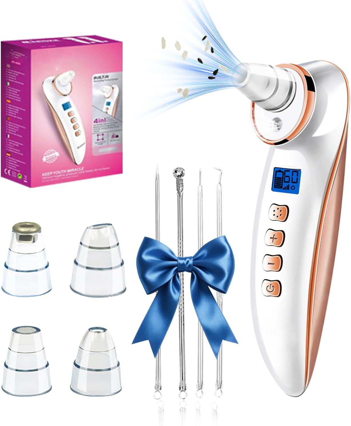Blackhead Remover Pore Vacuum, Pore Cleaner for Face with 5 Attachments & 3 Suction Levels, USB Rechargeable Facial Blackhead Extractor Tool (Gold)