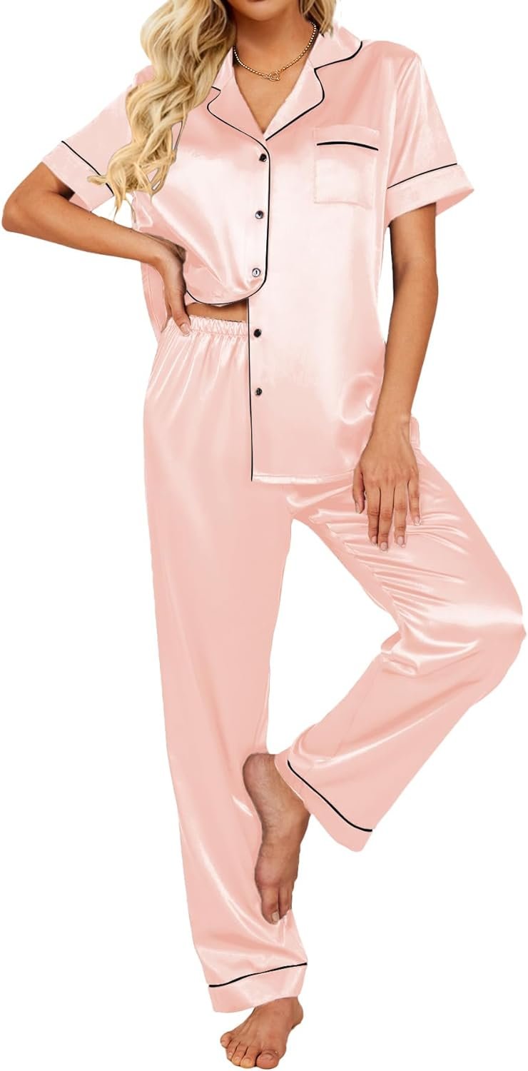 Ekouaer Silk Satin Pajamas Set Women Short Sleeve Sleepwear Soft Button Down Loungewear Pjs Set