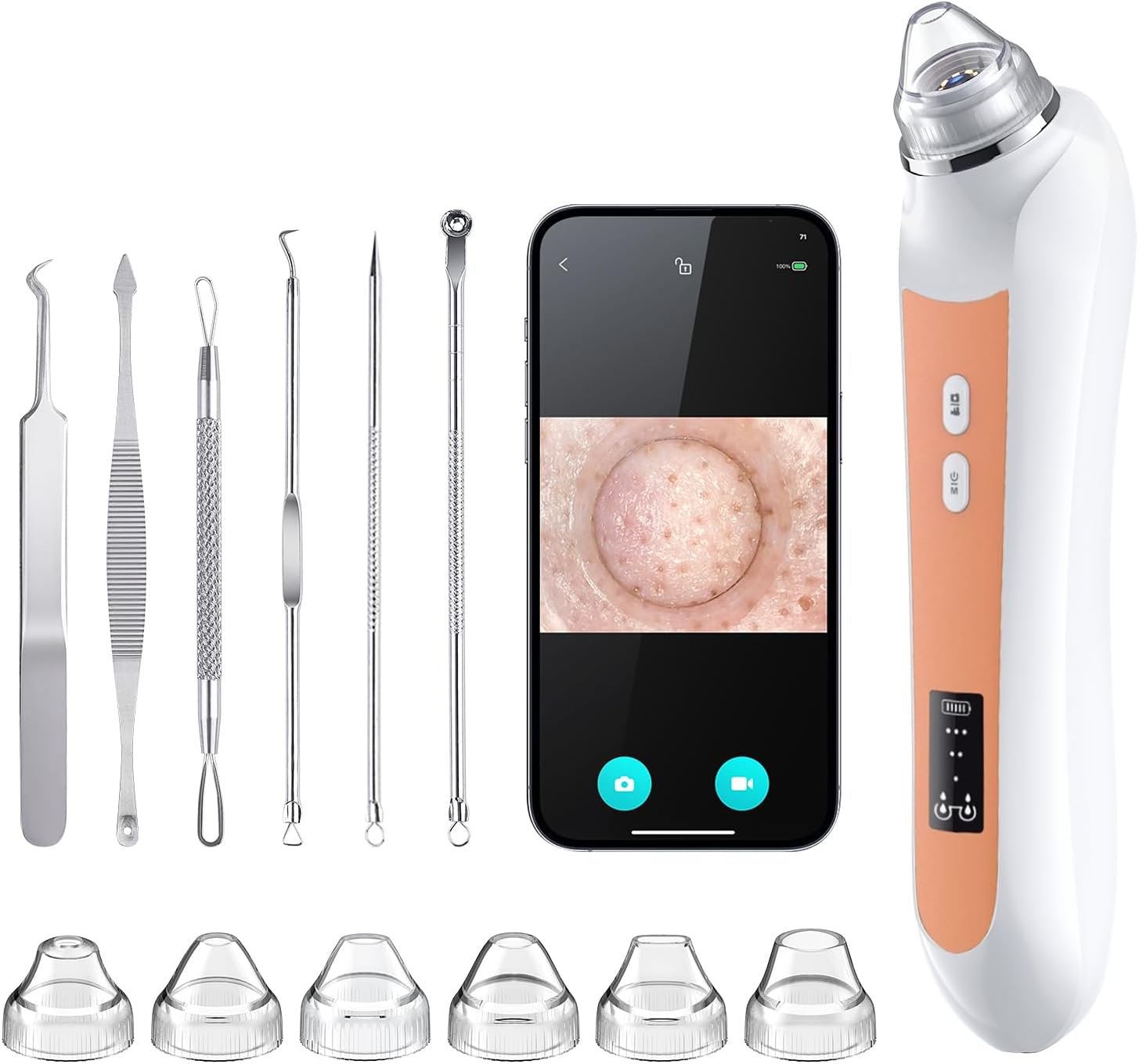 Facial Pore Blackhead Remover Vacuum, 1080P Camera Blackhead Remover, 20x Zoom, 8 LEDs ＆ 3 Suction Modes, 800mAh Battery & USB – 6 Heads Pore Cleaner Kit for Women&Men(Orange)