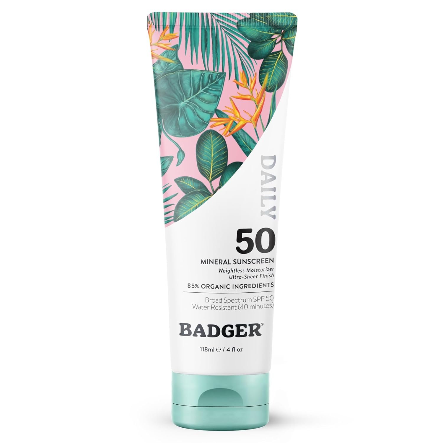 Badger SPF 50 Daily Mineral Sunscreen with Zinc Oxide, 85% Organic, Lightweight & Easy to Apply, No White Cast, Moisturizing, Reef Safe, Vegan, Unscented, 4 fl oz