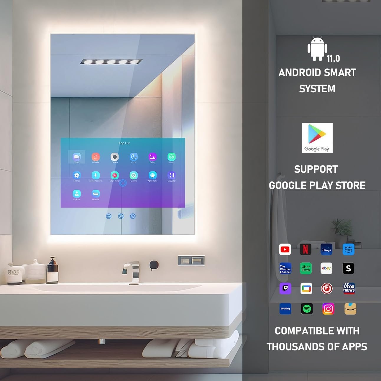 32″x24″ Smart Waterproof Anti-Fog Vanity Mirror with Built-in 21.5″ Touch Display, Android OS, Adjustable 3-Color LED, Bluetooth/WiFi/HDMI, Streaming Apps for Bathroom & Bedroom