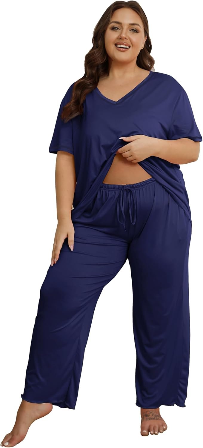 Vozanet Women’s Plus Size Pajama Sets Short Sleeve Long Pants Solid Color with Piping Trim Elegant Loungewear Cozy Sleepwear