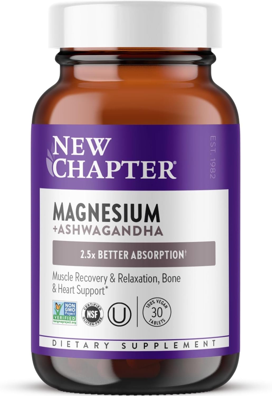 New Chapter Magnesium + Ashwagandha – Supports Muscle & Bone Health* – Highly Absorbable – Non-GMO, Kosher, Vegan & Gluten Free – 30 Tablets