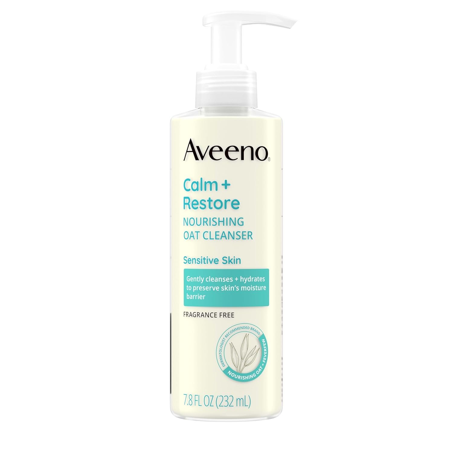 Aveeno Calm + Restore Nourishing Oat Face Cleanser, Daily Hydrating Facial Cleanser for Sensitive Skin with Nourishing Oat & Feverfew, Hypoallergenic, Non-Comedogenic, Fragrance-Free, 7.8 Fl Oz