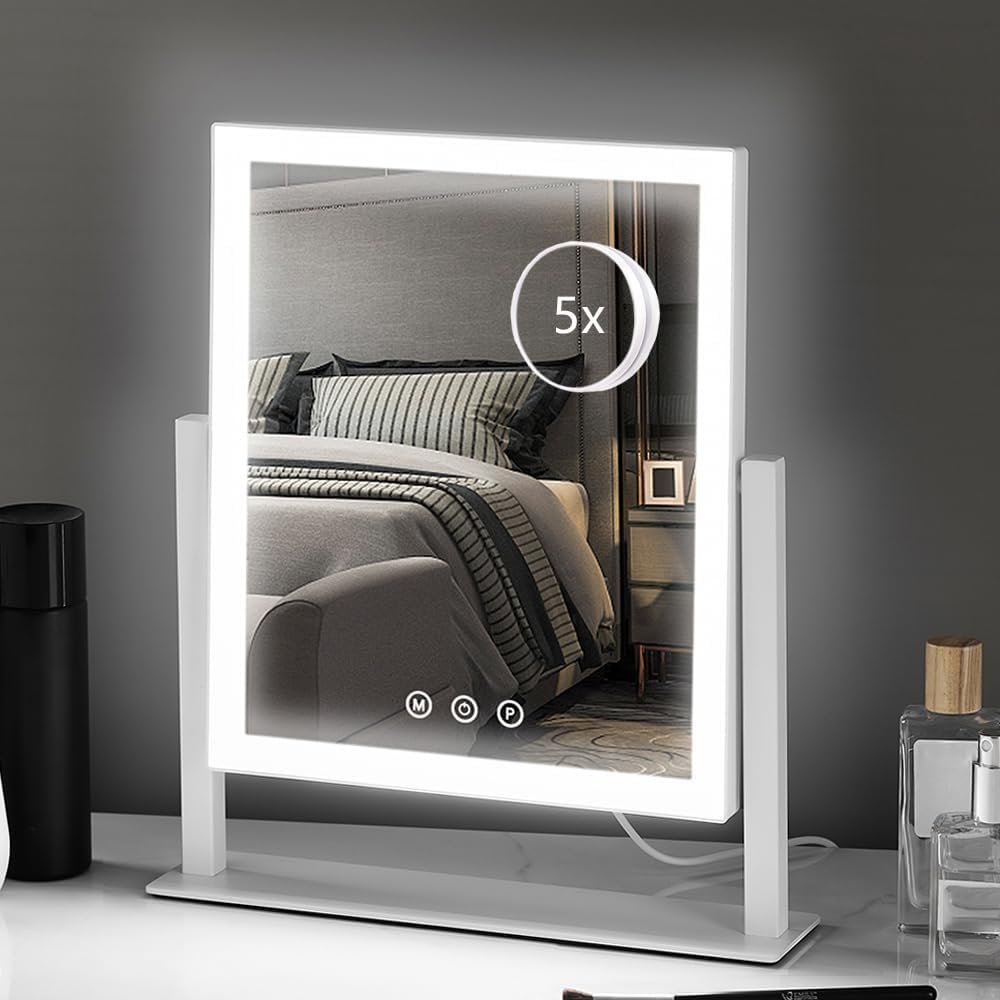 HIEEY Lighted Makeup Mirror, 14.1″ x 12.1″ Hollywood Vanity Mirror with Lights, Three Color Lighting Modes, and 5X Magnification Mirror, Smart Touch Control, 360°Rotation (White,Gift Box)