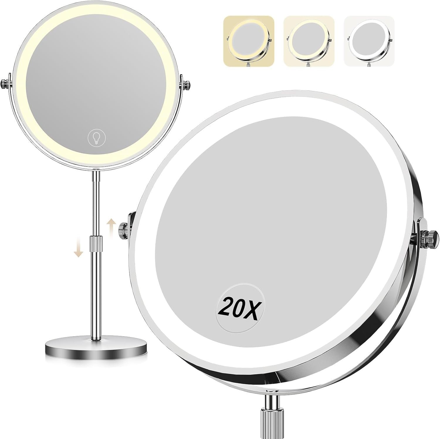 Dienmern Makeup Mirror with Lights, 1X/20X Double-Sided Magnifying Vanity Mirror, 360° Rotation, 5000mAh Rechargeable Adjustable Brightness with 3 Colors for Dorm, Living Room, Women Gift
