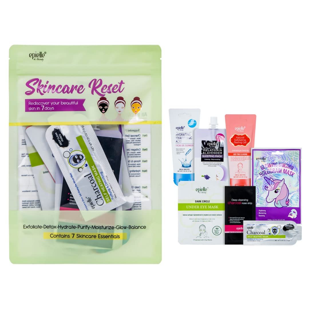 Epielle Skincare Reset Kit, 7 Home Spa Essentials, Exfoliating, Detoxifying, Hydrating & Purifying for Radiant Skin, At-Home Spa Kit, Self Care Gifts for Women, Korean Skin Care Set
