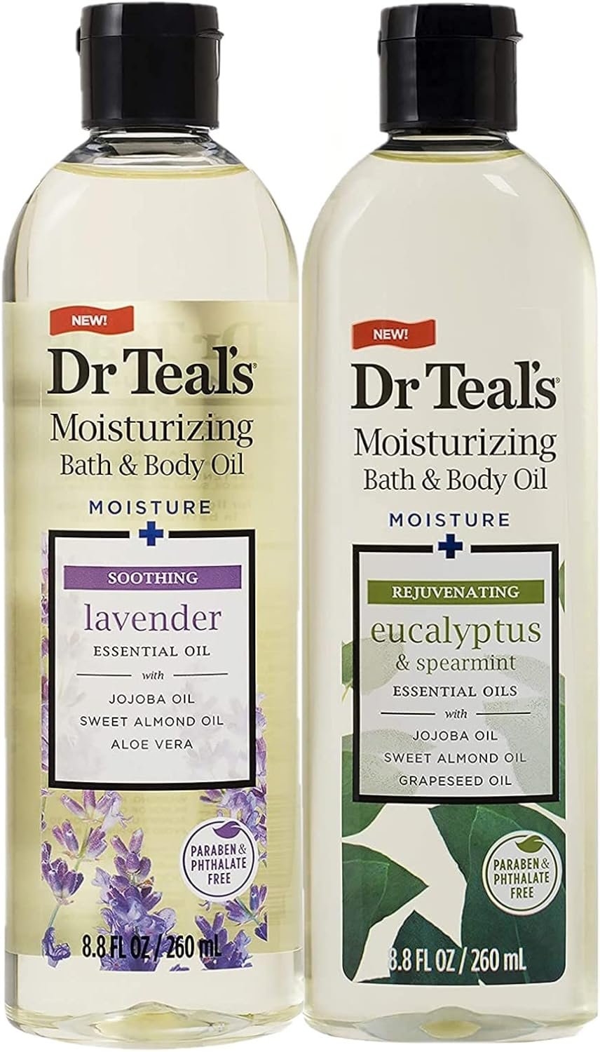 Dr. Teals Bath & Body Oil Variety Gift Set (2 Pack, 8.8oz Ea.) – Soothing Lavender & Rejuvenating Eucalyptus & Spearmint – Essential Oils Hydrate Skin & Alleviates Daily Stress