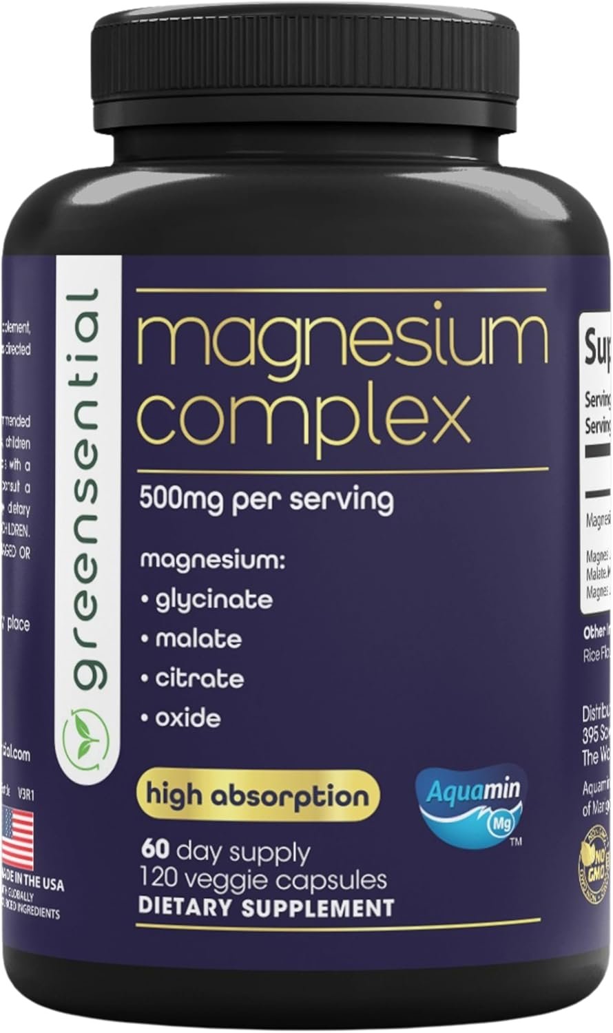 Greensential Magnesium Complex 500mg | 2-Month Supply | Glycinate, Malate, Citrate, Oxide & Aquamin® | Sleep, Muscle & Stress Support* | Made in USA, 2X 3rd Party Tested, 120 Ct