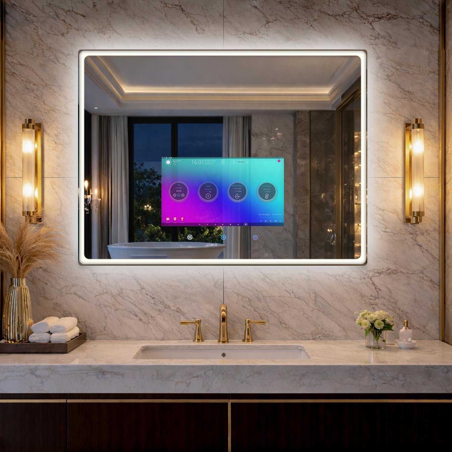 32×24 Inch Smart Vanity Bathroom Mirror with 15.6″ Waterproof Touchscreen TV, Android OS, WiFi/Bluetooth/HDMI, Anti-Fog, 3-Color LED Lights for Bathroom,Bedroom,Hotel&Spa Wall Mounted