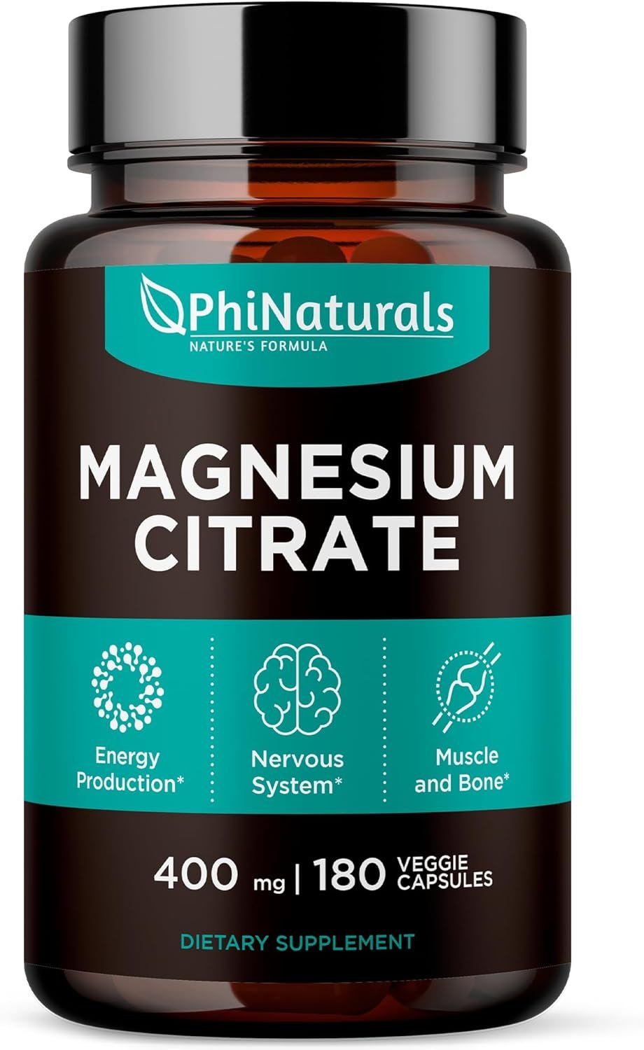Magnesium Citrate Powder Capsules 400mg – 180 Count Veg Caps – PhiNaturals Supplements – Nervous System Support and Enzyme Function