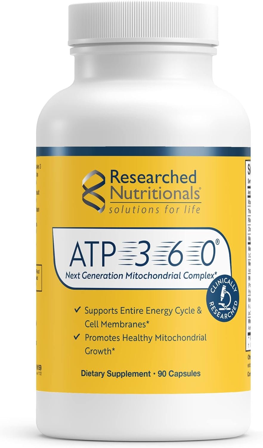 Researched Nutritionals ATP 360 – Mitochondrial Supplements to Support Entire Energy Cycle & Cell Membranes – Clinically Researched ATP Supplements, High Dose CoQ10, R-Lipoic Acid & PQQ, 90 Capsules