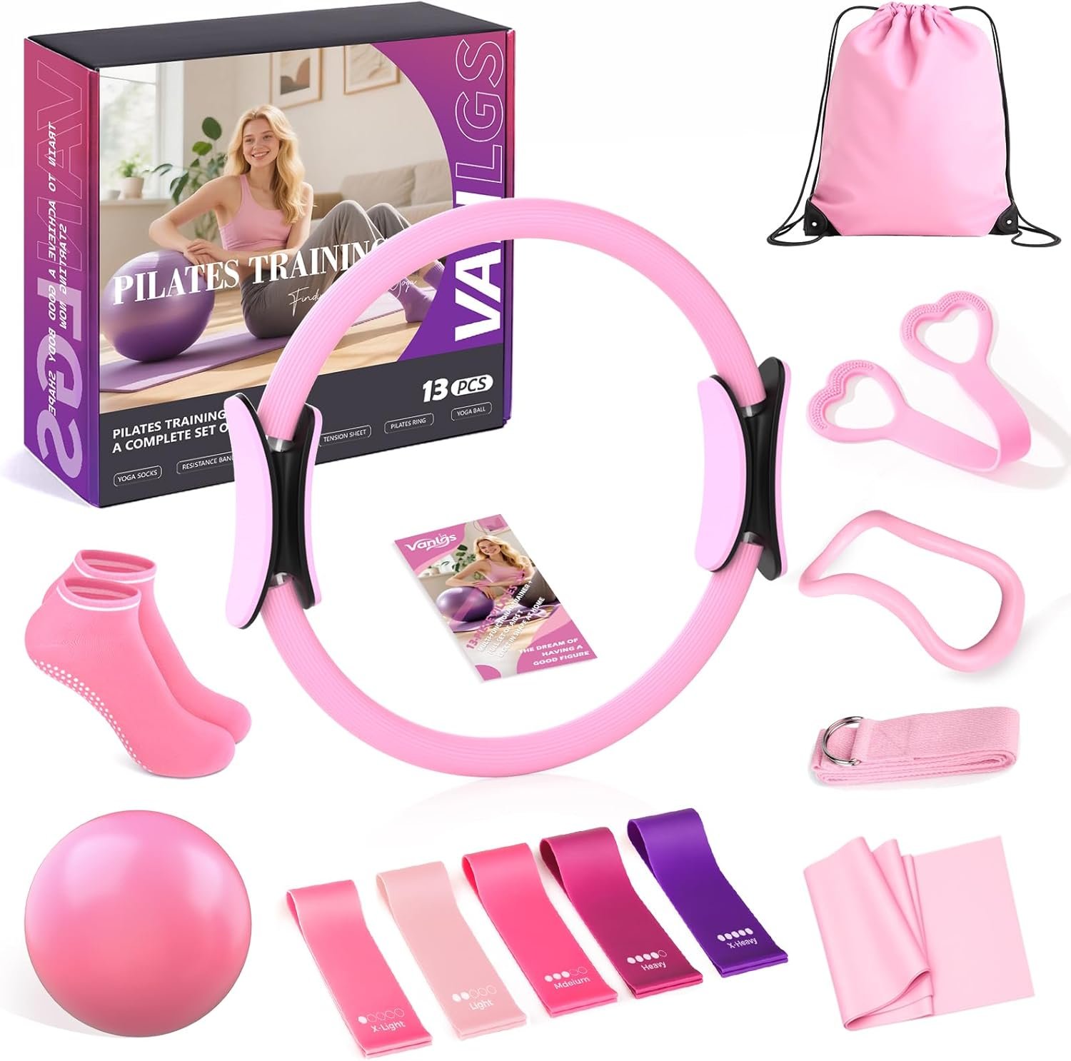 Pilates Kit 13Pcs Home Pilates Essentials Workout Kit with 13″ Ring, 10″ Ball and Resistance Bands for Women at Home Pilates Equipment Set for Beginners