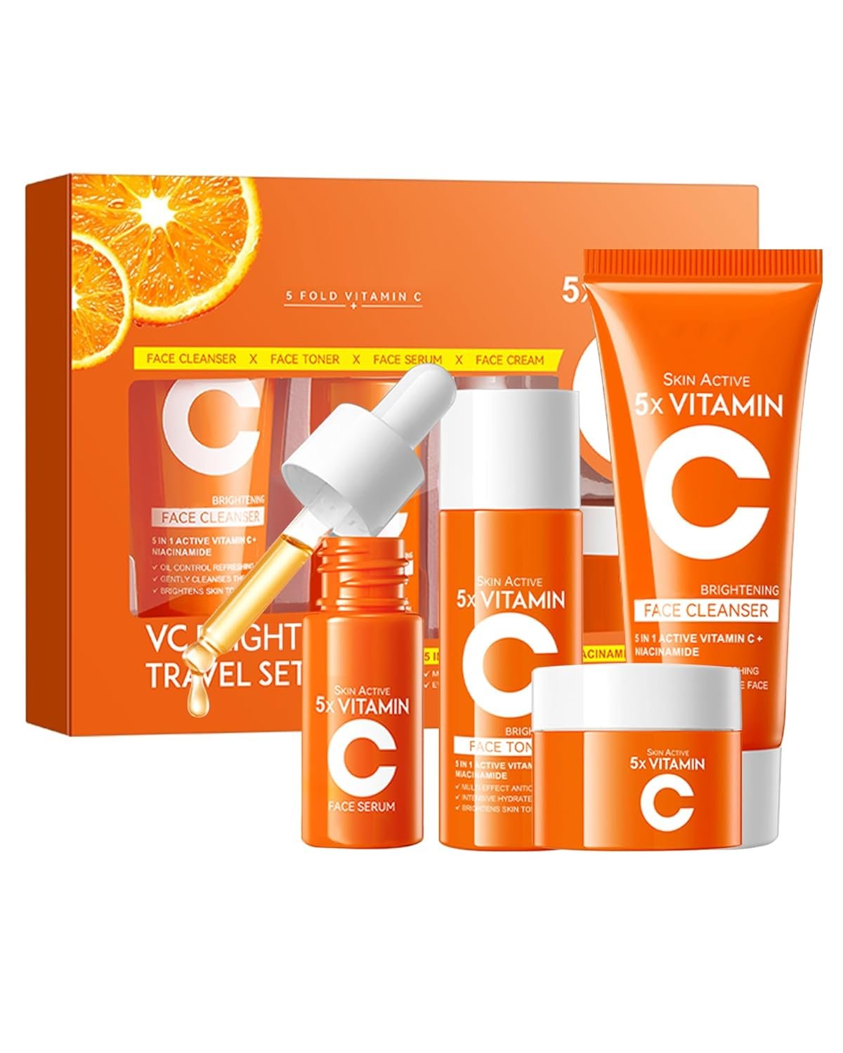 Skin Care Set,4 in 1 Vitamin C Soft Travel Kit with Cleanser,Toner,Serum,Face Cream,Moisturizing Firming Anti-Aging Soft Skin,Women’s Mother’s Day Skincare Beauty Gift Kit for Women Mom