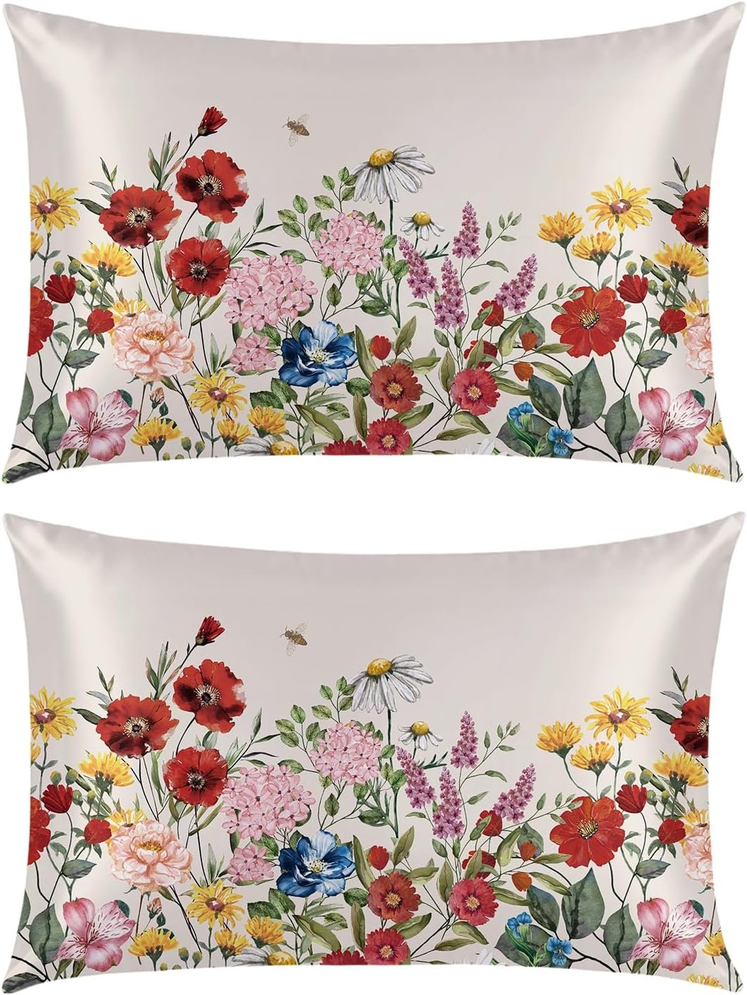 Horaldaily Spring Queen Size Set of 2 Satin Pillowcases for Skin and Hair, Colorful Floral Smooth Soft Similar to Silk Pillowcases for Bedding Sofa Couch,Idea Gifts for Women Men