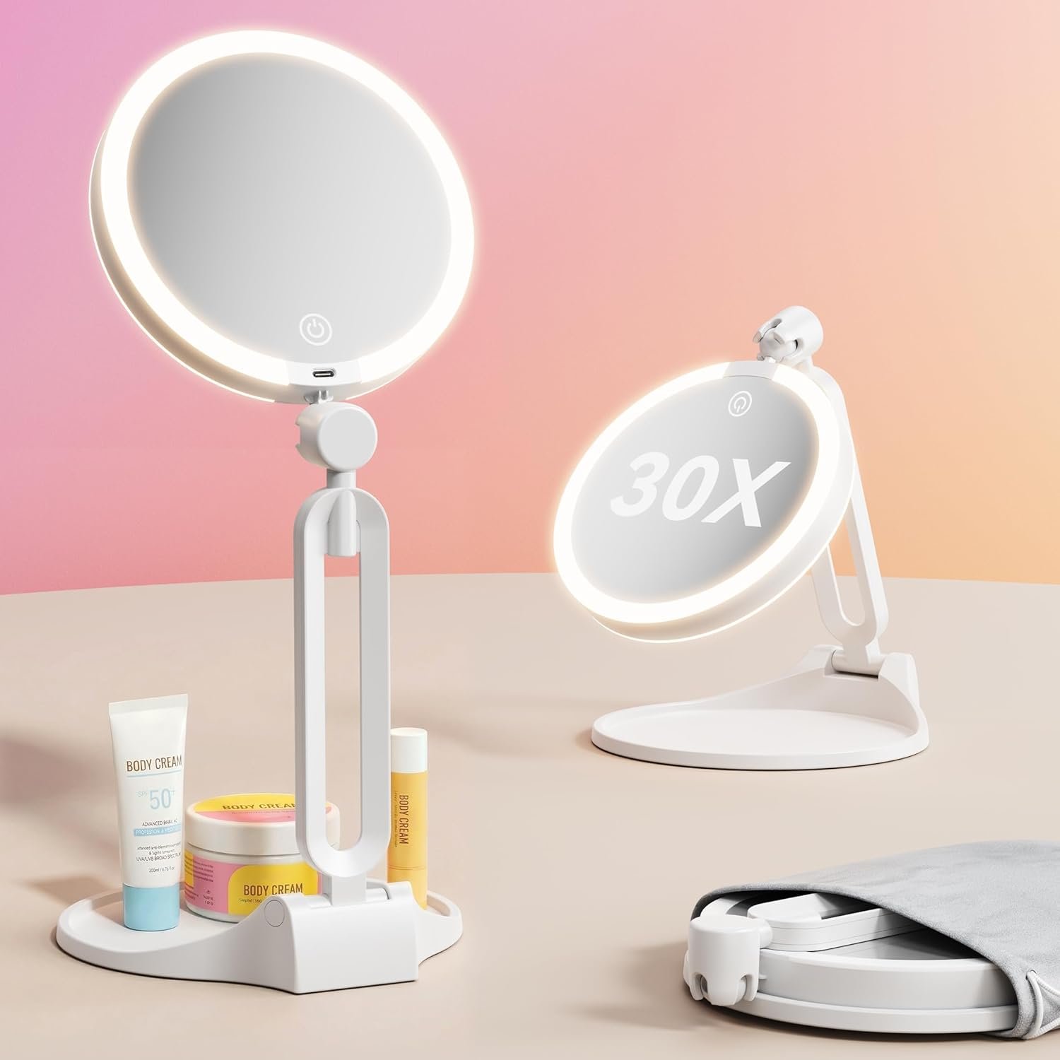 Travel Makeup Mirror with Lights 2026 New, 1X/30X Magnification Double Sided Lighted Mirror, 3 Color Lighting & Stepless Dimming, 2000mAh Foldable Portable Mirror for Desk & Travel