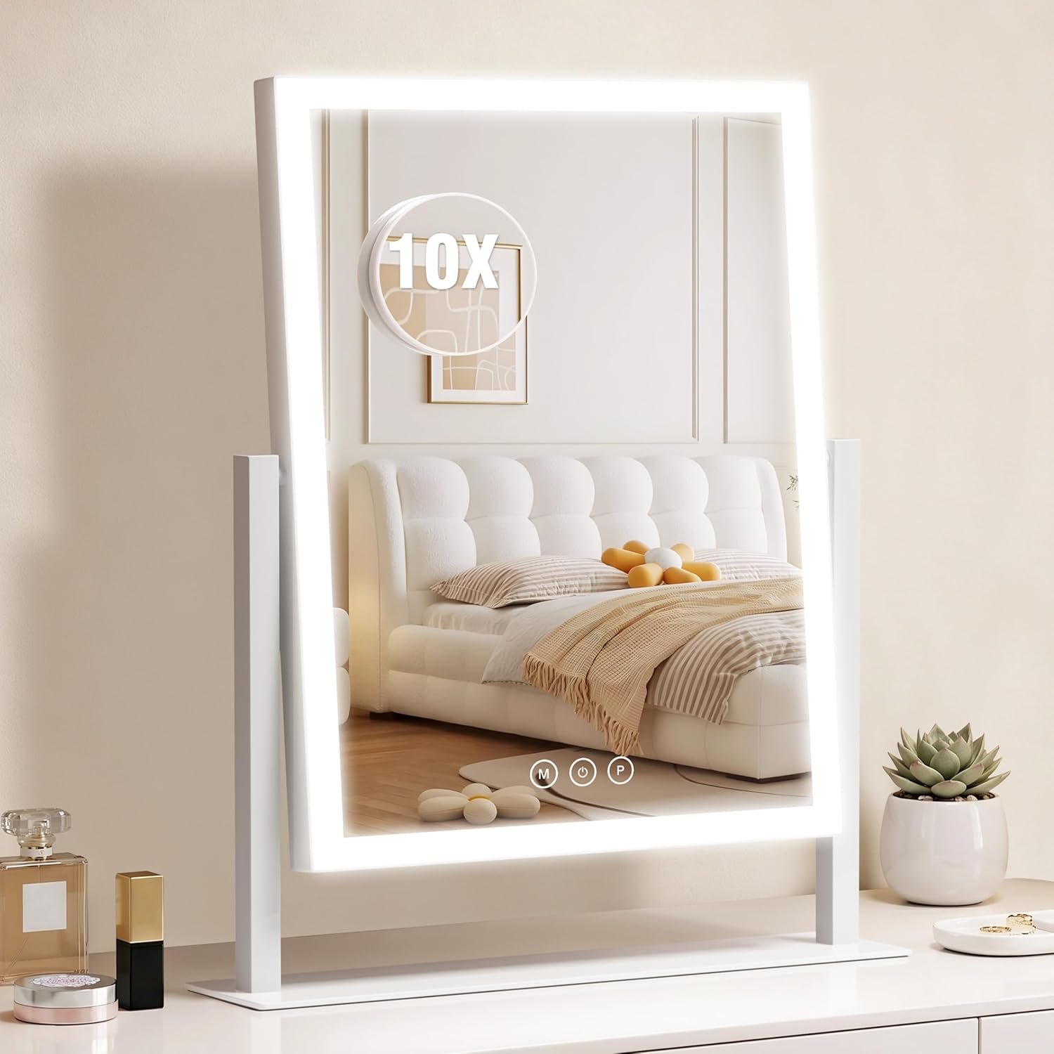 Acoolda Vanity Mirror with Lights,16.9″x 14″ Lighted Makeup Mirror, Makeup Mirror with Lights,Three Color Lighting Modes, and 10X Magnification Mirror, Smart Touch Control, 360°Rotation White