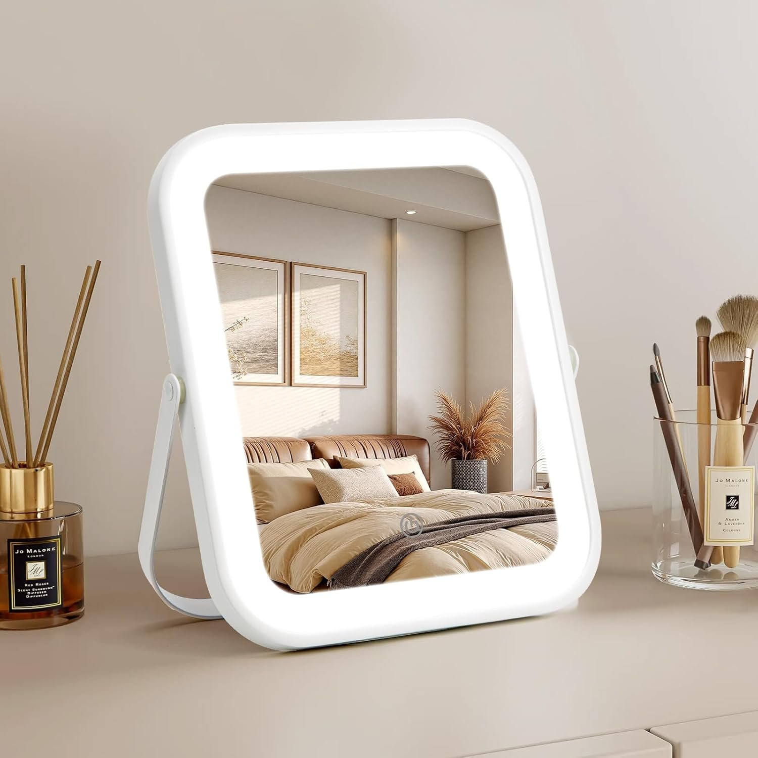 Rechargeable Vanity Mirror with Lights, 10″×8″ Makeup Mirror with Lights, 1500mAH Battery, Smart Touch with 3-Color Lighting, Dimmable, HD Desk Mirror, Women Gift, Travel Essentials (White)