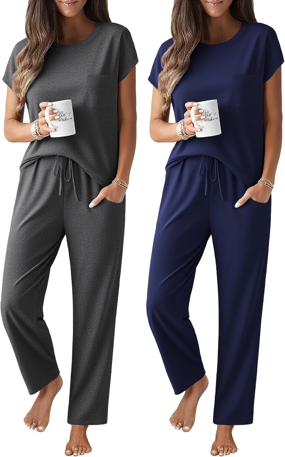 Ekouaer 2 Packs Pajamas for Women Set Cap Sleeve Top and Pants Soft Sleepwear Comfy Pjs Set with Pockets Loungewear