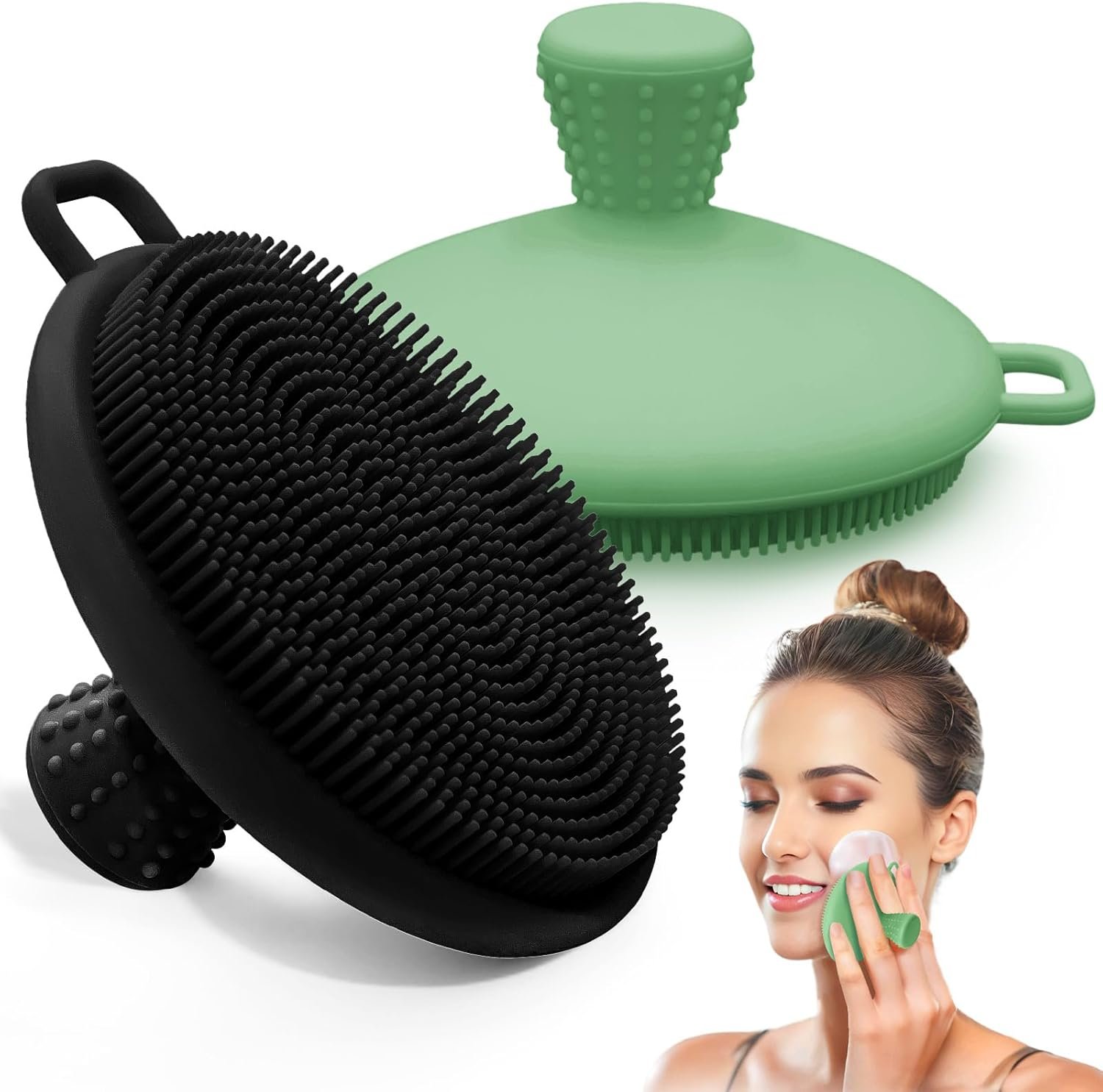 Silicone Face Scrubber 2PCS, Manual Face Scrubber Exfoliator with Soft Bristles and Non-Slip Handle, Gentle Facial Scrubber Face Brush for Super Lathering & Deep Cleansing(Black+Green)