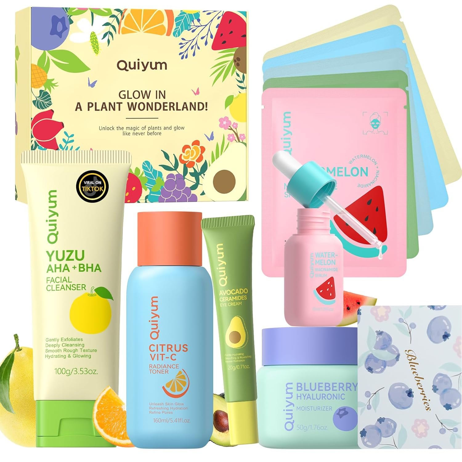 QUIYUM Fruit Skin Care Sets, Routine Skincare with Facial Mask, Beauty Skincare for Women, Facial Care, Hydration, Moisturizing, Oil Control, Glow Up, Teen Girl Gifts Trendy Stuff, Spa-Like at Home