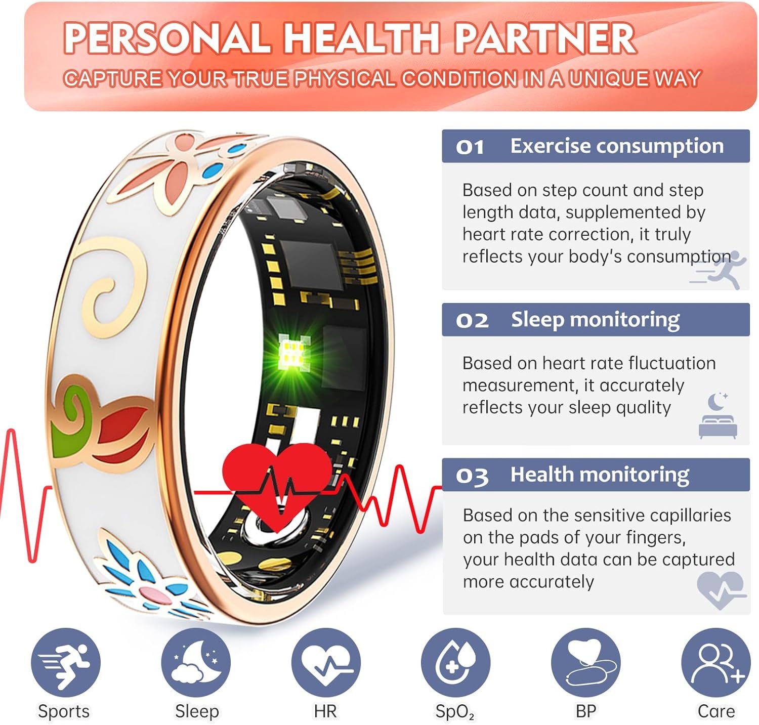 Smart Ring Health Tracker for Women Men, Sleep Tracker with Heart Rate,SPO₂,Blood Pressure, Fitness Ring for Activity Monitoring, Step Tracker Ring for iOS&Android (Enamel Color, #7)