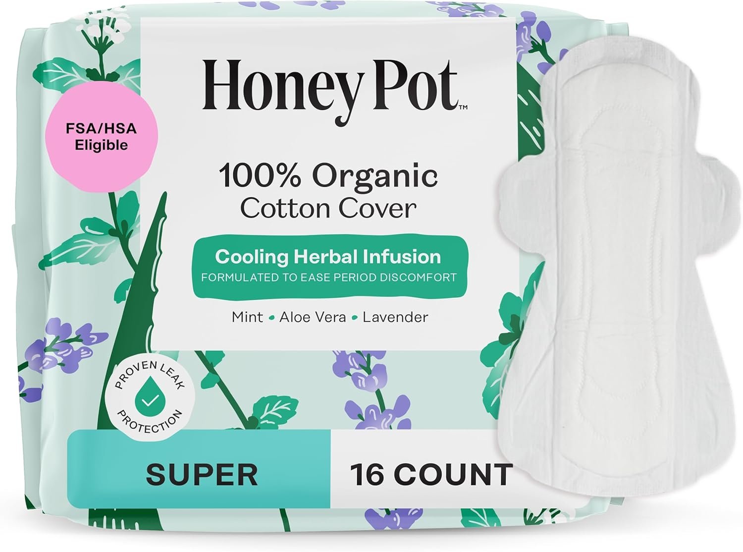 The Honey Pot Company – Herbal Pads for Women – Super w/Wings – Infused w/Essential Oils for Cooling Effect, Organic Cotton Cover, & Ultra-Absorbent Pulp Core – Feminine Care – 16 ct