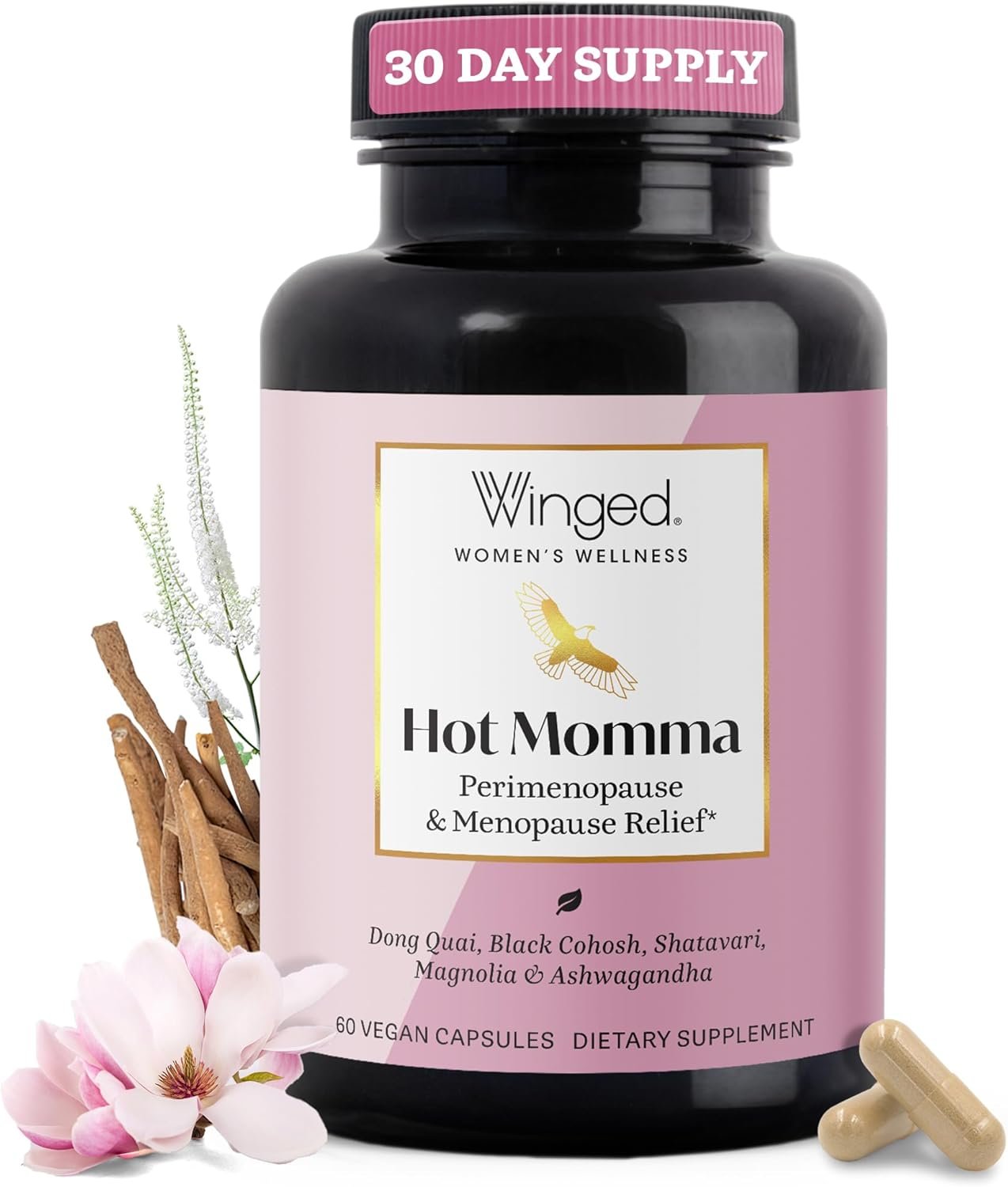 Winged Wellness Hot Momma Menopause Supplements for Women – Hormone-Free Menopause Relief Support for Hot Flashes & Night Sweats with Chaste Tree Berry, Multivitamins & Shatavari – 60 Vegan Capsules