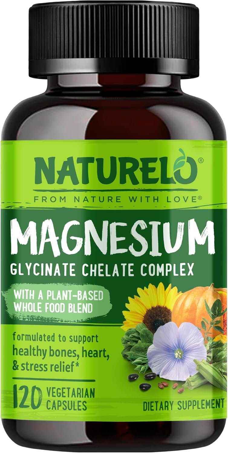 NATURELO Magnesium Glycinate Chelate Complex – 200 mg Magnesium with Organic Vegetables to Support Sleep, Calm, Muscle Cramp & Stress Relief – Gluten Free, Non GMO – 120 Capsules