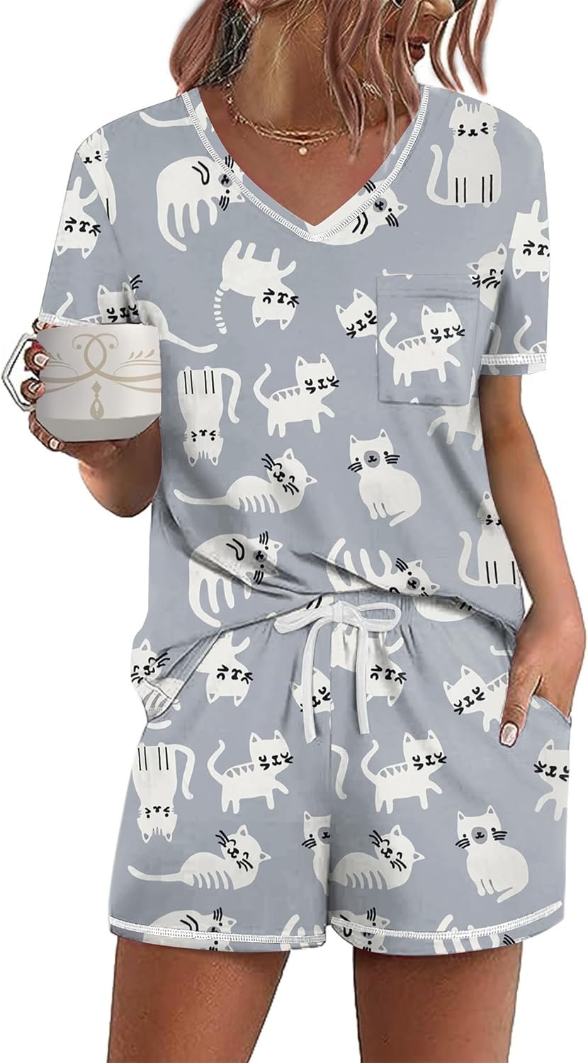 Ekouaer Women’s Pajamas Sets Short Sleeve Lounge Sets Sleepwear Casual Two Piece Pjs With Pockets