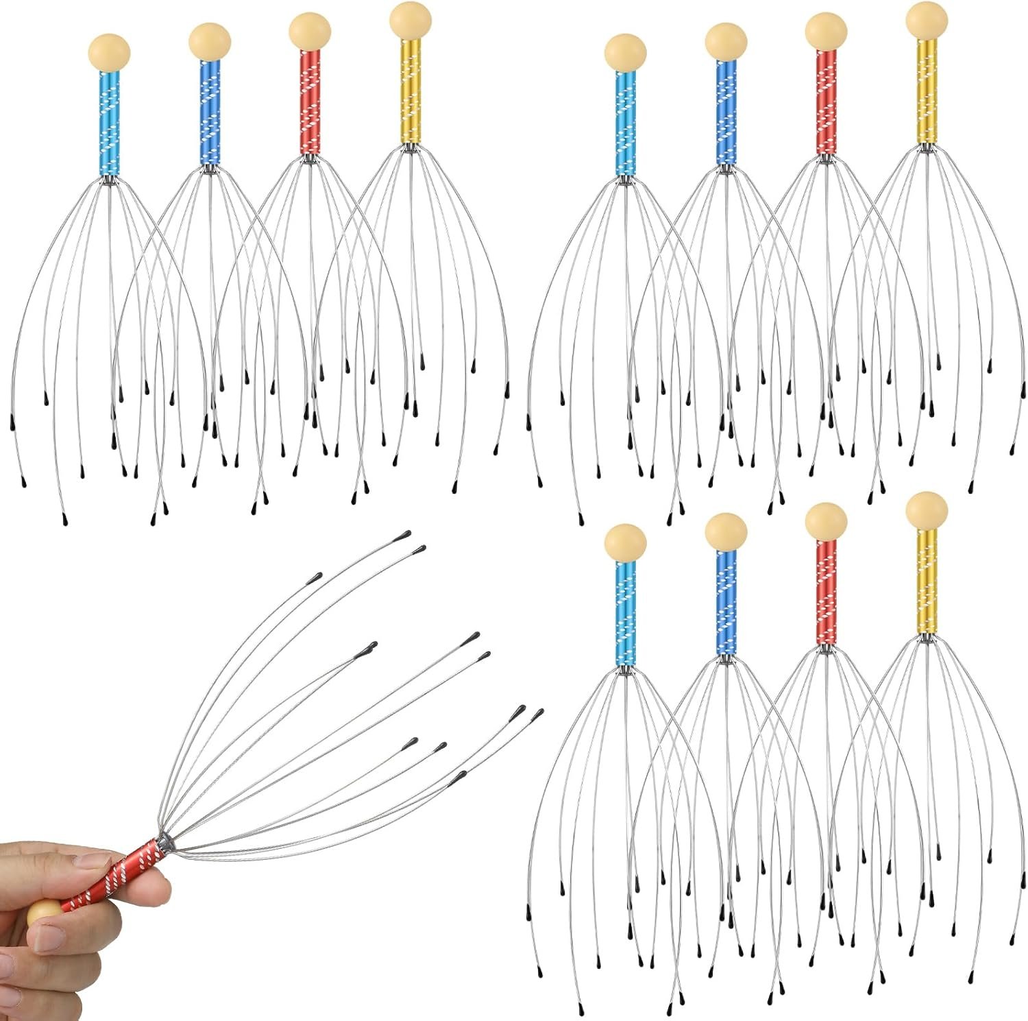 Soaoo 36 Pcs Scalp Massager Manual Head Massager Christmas Relaxing Gifts Handheld Steel Wire Head Scratcher with Wooden Handle for Body Home Office Spa Stress Relief Relaxation Women Men (Multicolor)