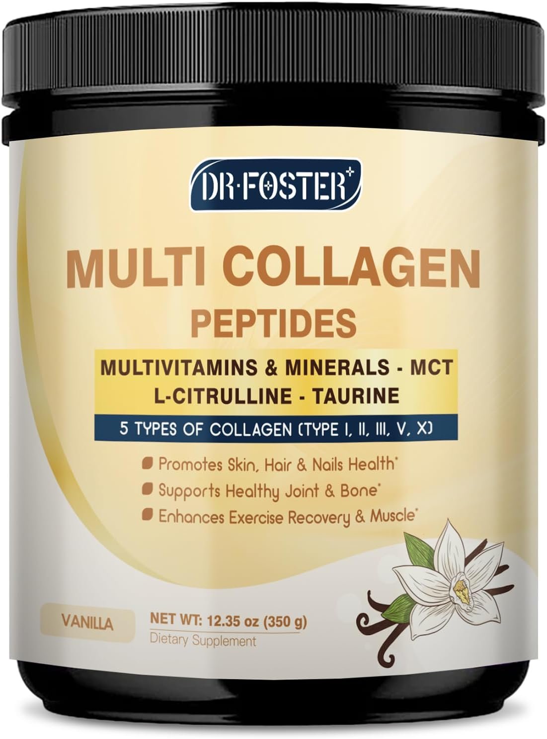 DRFOSTER Vanilla Collagen Peptides Powder for Women & Men, Multi Type I II III V X Collagen with multivitamins & Minerals for Skin, Hair & Nails & Joints, Non-GMO, 35 Servings